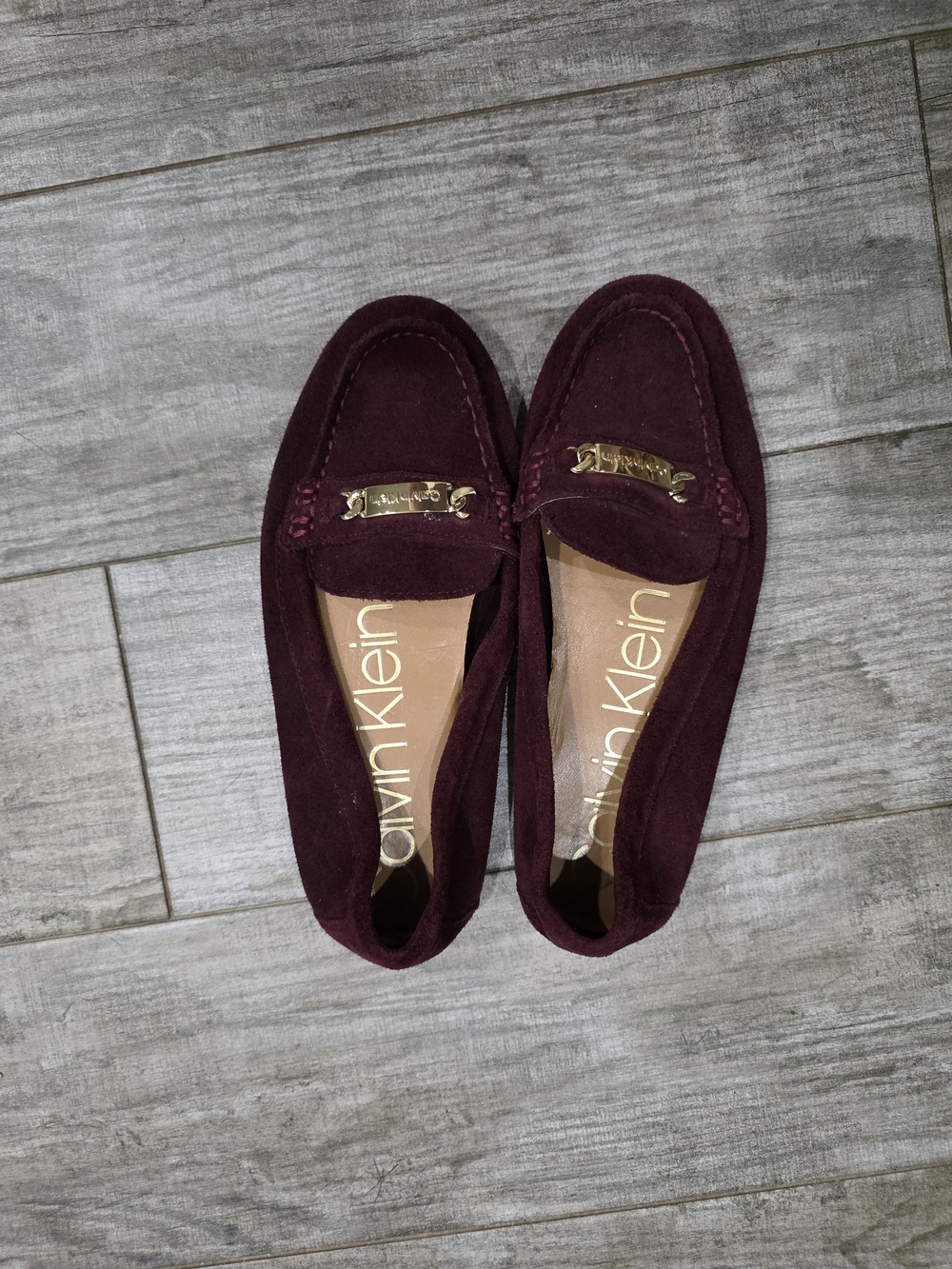 Calvin Klein Women’s Burgundy Suede Driving Loafers with Gold Accent